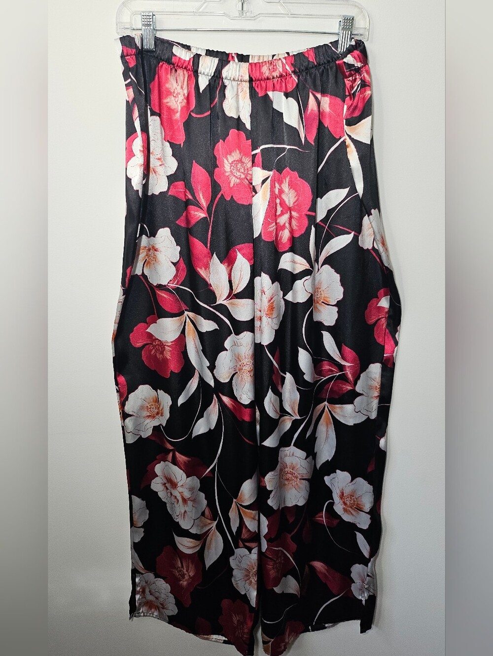 Wide Leg Pajama Pants Elastic Waist Floral Black and Pink Satin Lilac London XXL